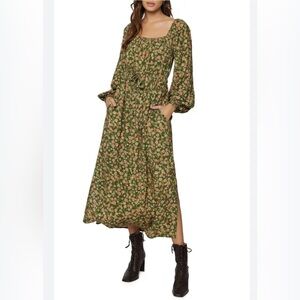 LOST + WANDER Maxi Dress (S) omen Olive Green Floral Cottage Prairie Boho